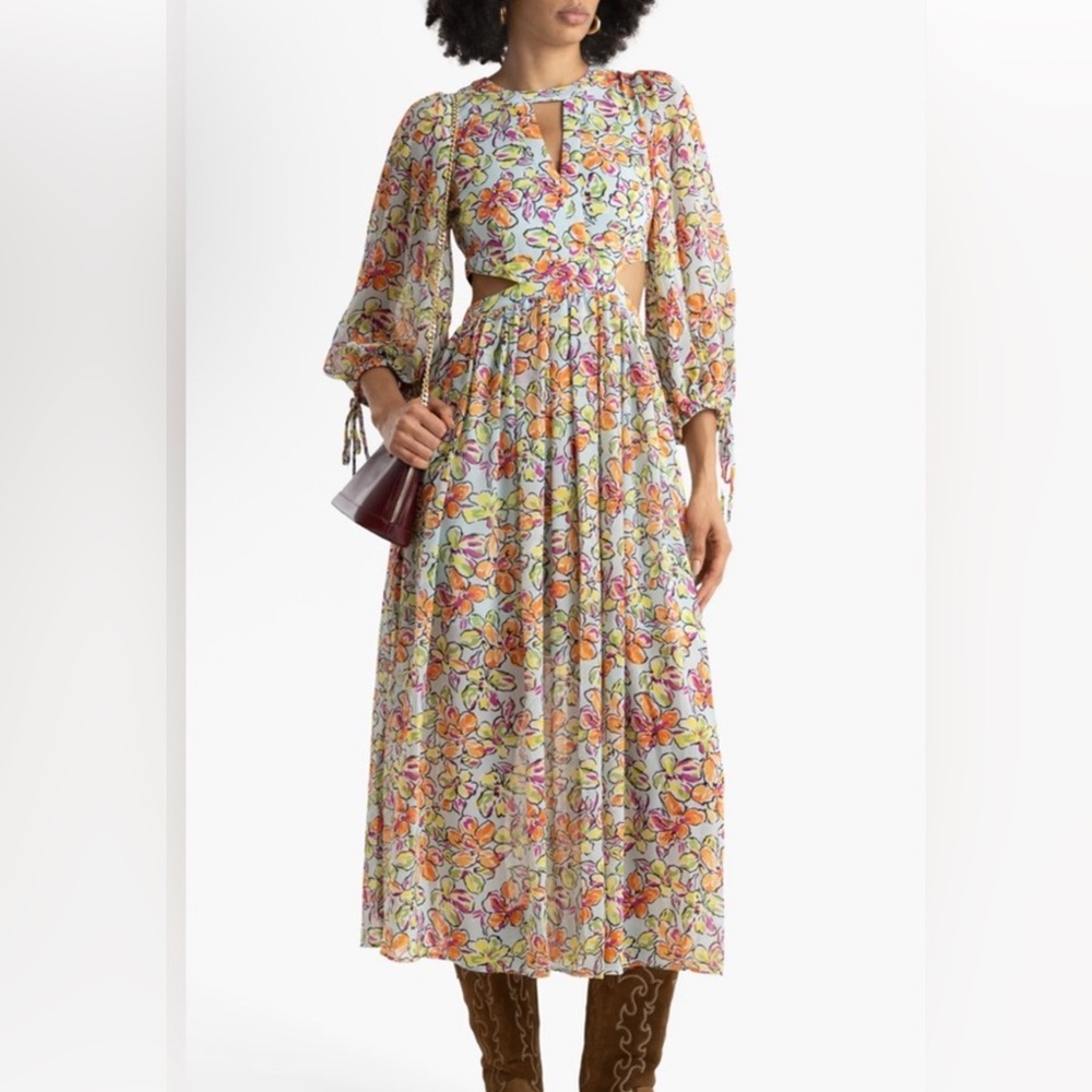 NWT- Maje Pink and Yellow Ruffled Tiered Maxi Dress